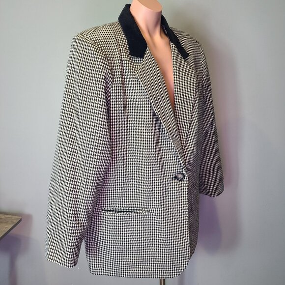 Vintage Sag Harbor Houndstooth Wool Blazer Womens 16 Velvet Jacket Old Money - Picture 7 of 10